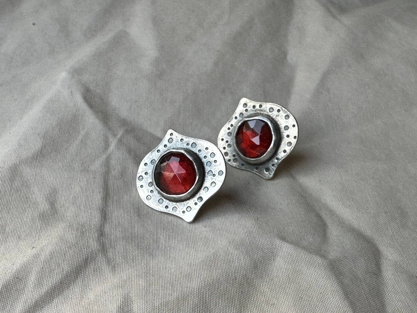 Garnet & Sterling Silver Stud Earrings - Handmade Jewelry