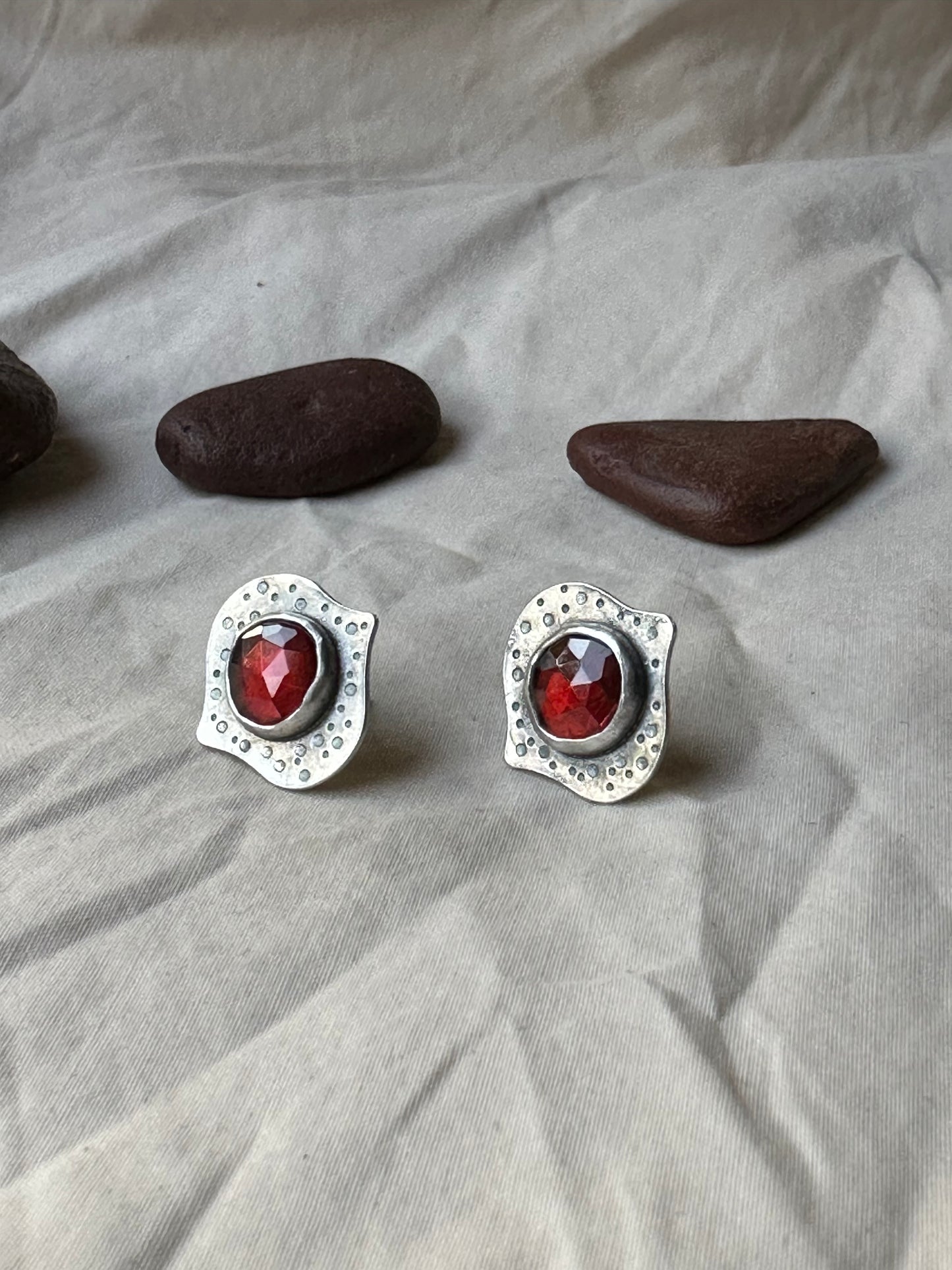 Garnet & Sterling Silver Stud Earrings - Handmade Jewelry