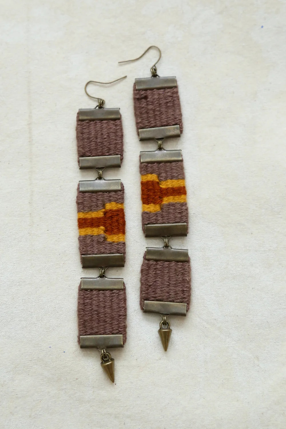 Earrings - Double Woven Long (Antique Brass) -  Brown & yellow