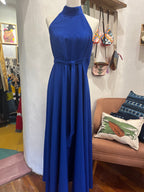 Linen Haltar Wrap Dress - Sleevless - Blue
