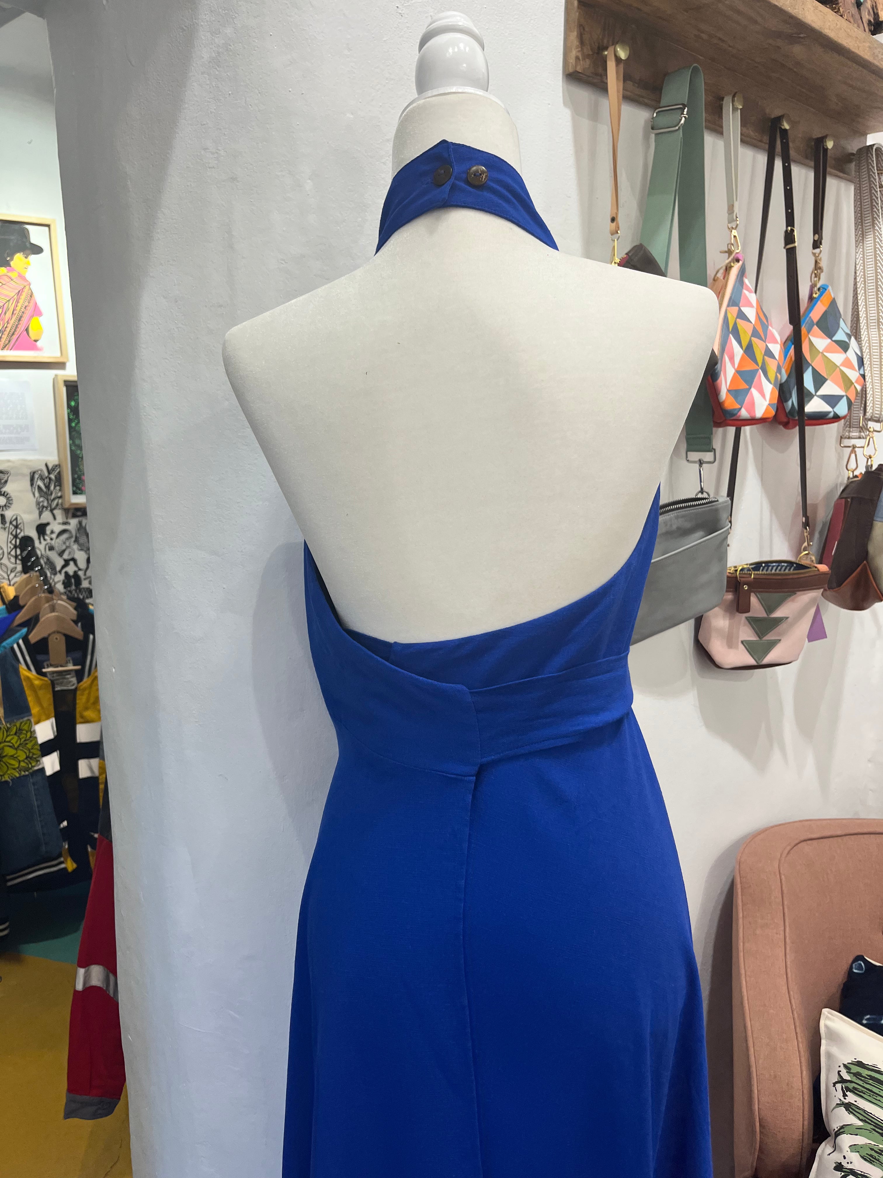 Linen Haltar Wrap Dress - Sleevless - Blue