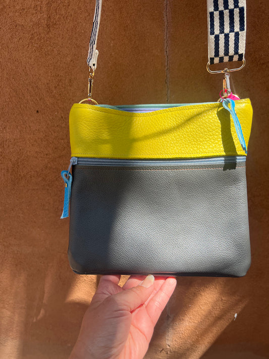 Crossbody Bag ~ lime and grey leather ~ double zip