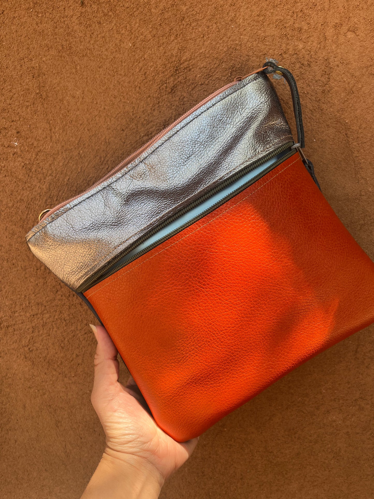 Crossbody Bag ~ pewter and terracotta leather ~ double zip