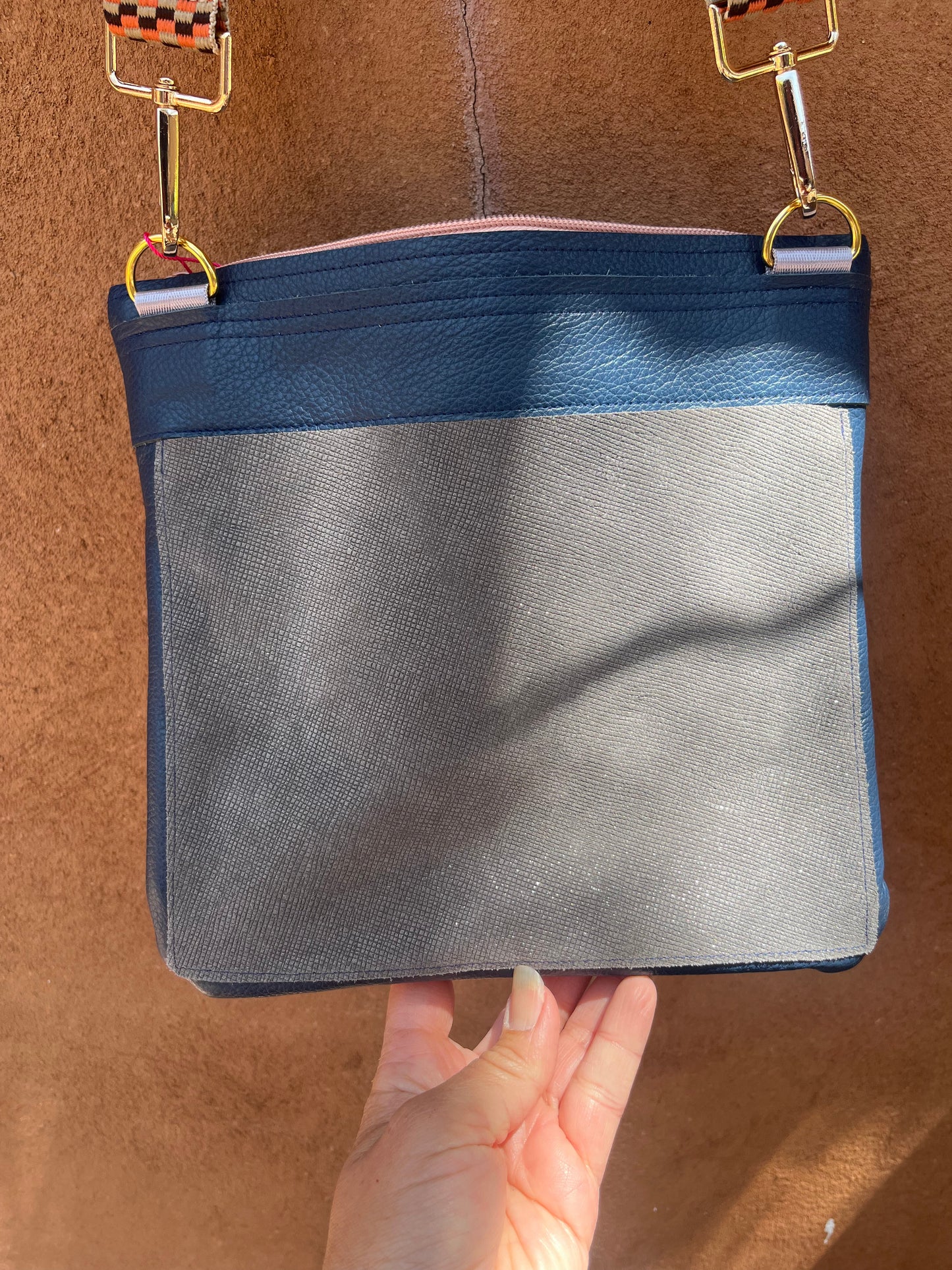 Crossbody Bag ~ pewter and terracotta leather ~ double zip