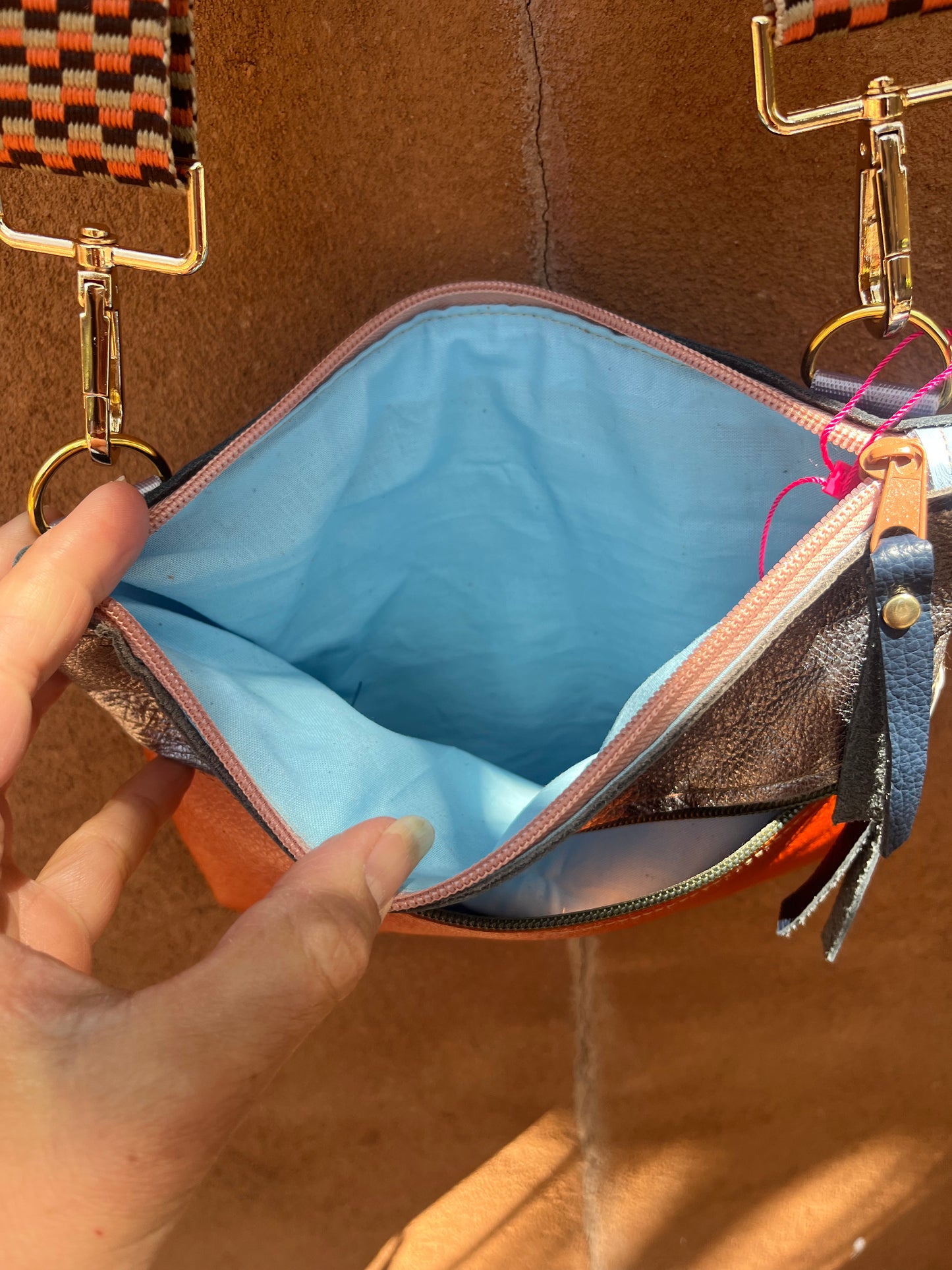 Crossbody Bag ~ pewter and terracotta leather ~ double zip