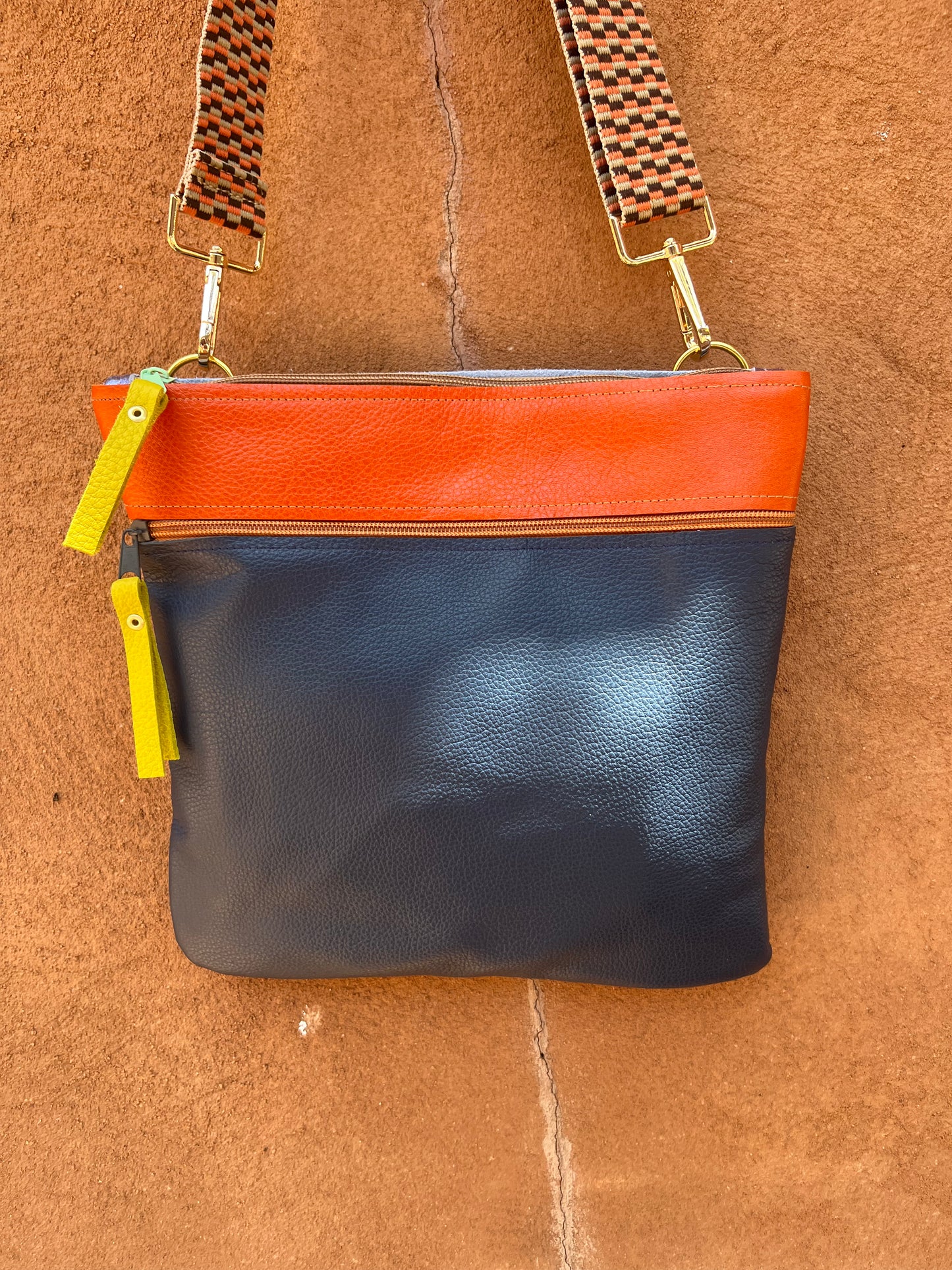 Crossbody Bag ~ Terracotta and dark blue leather ~ double zip