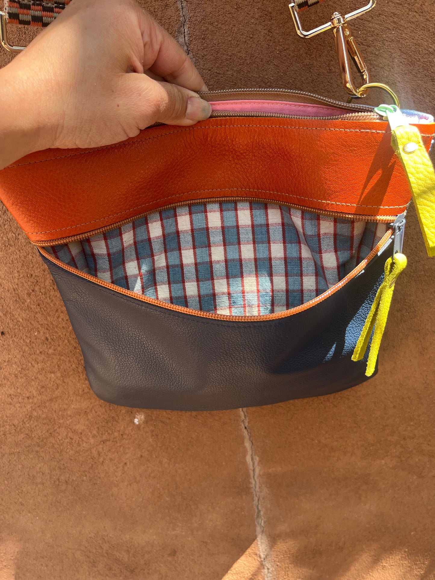 Crossbody Bag ~ Terracotta and dark blue leather ~ double zip