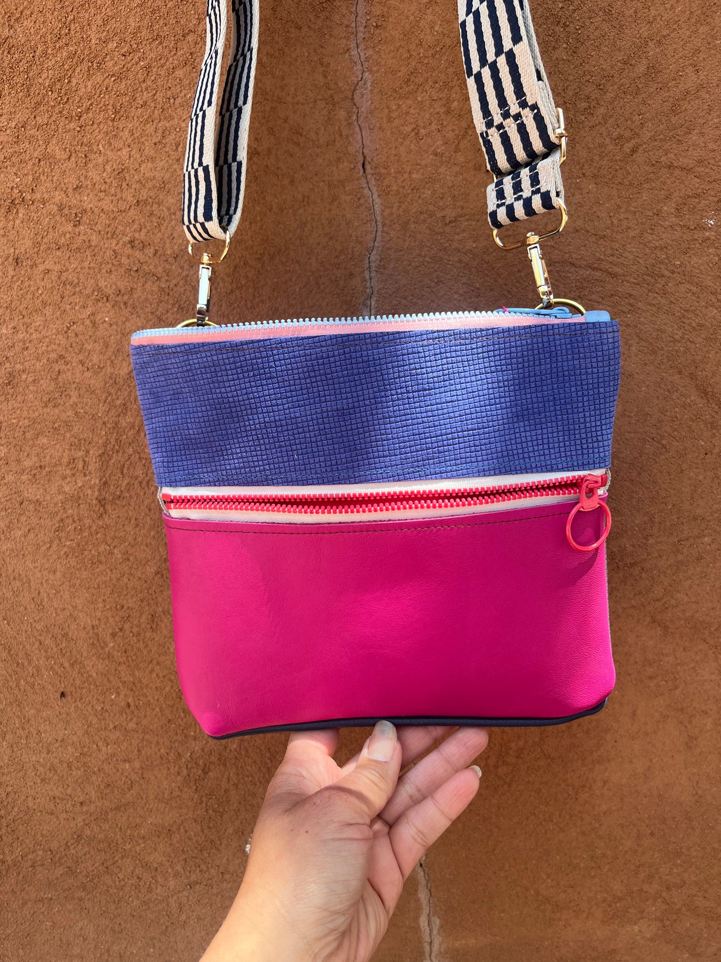 Crossbody Bag ~ purple and fuchsia leather ~ double zip