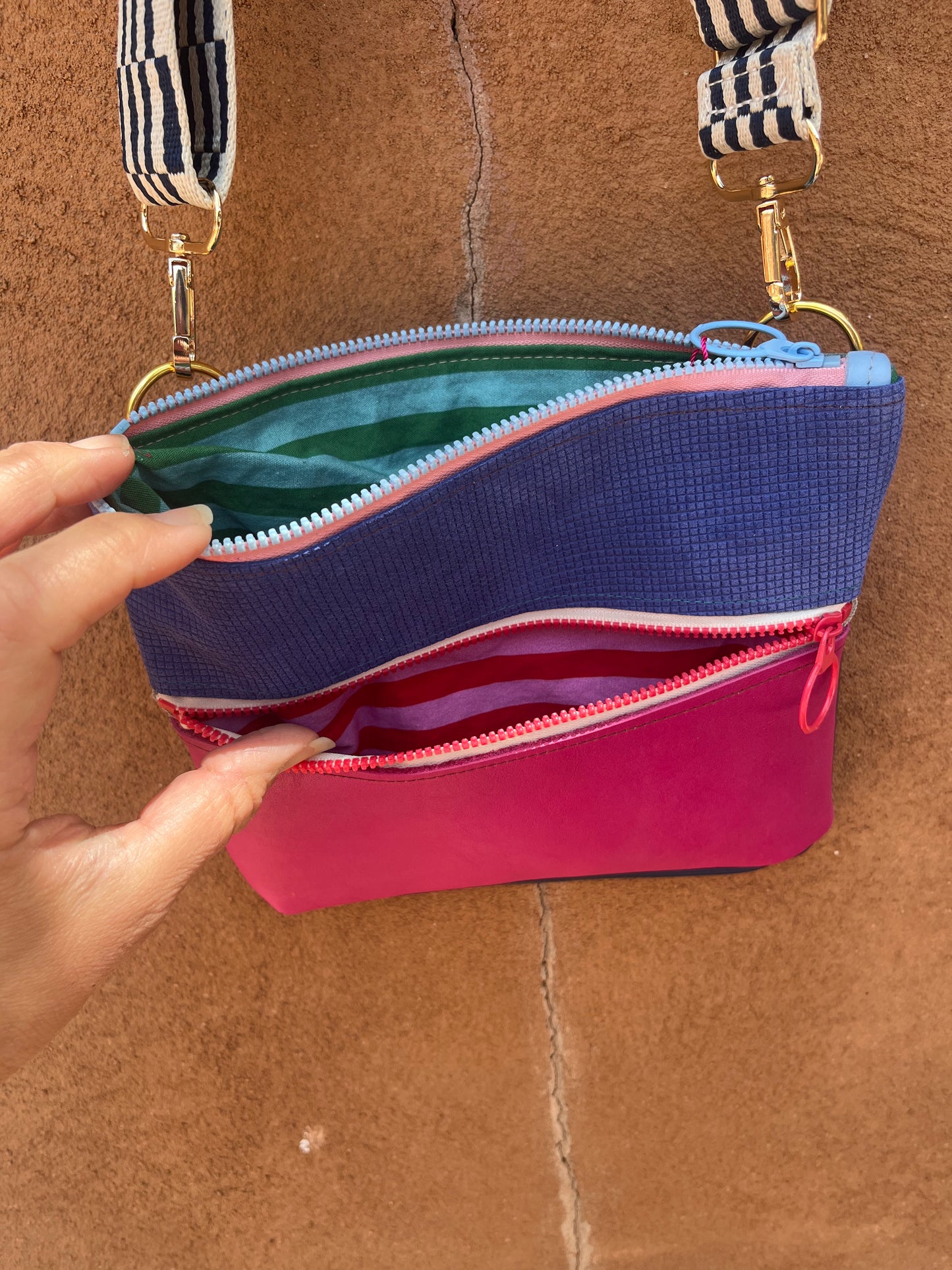 Crossbody Bag ~ purple and fuchsia leather ~ double zip