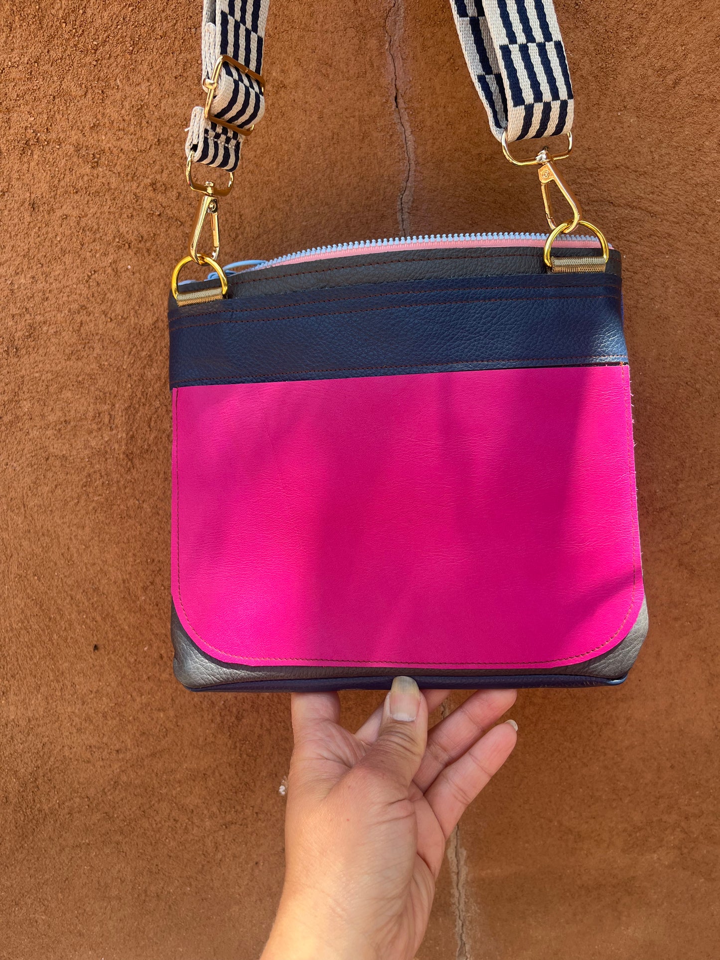 Crossbody Bag ~ purple and fuchsia leather ~ double zip