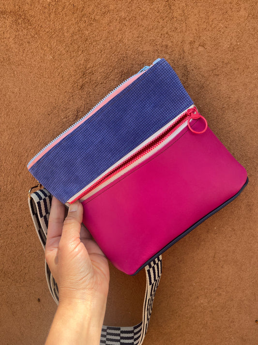 Crossbody Bag ~ purple and fuchsia leather ~ double zip