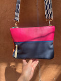 Crossbody envelope Bag ~ fuchsia and dark blue leather ~ double zip