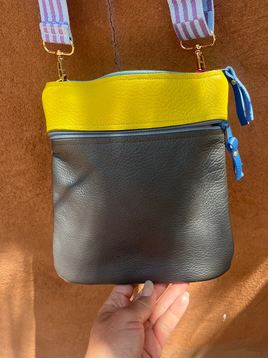 Crossbody Bag ~ lime and grey leather ~ double zip