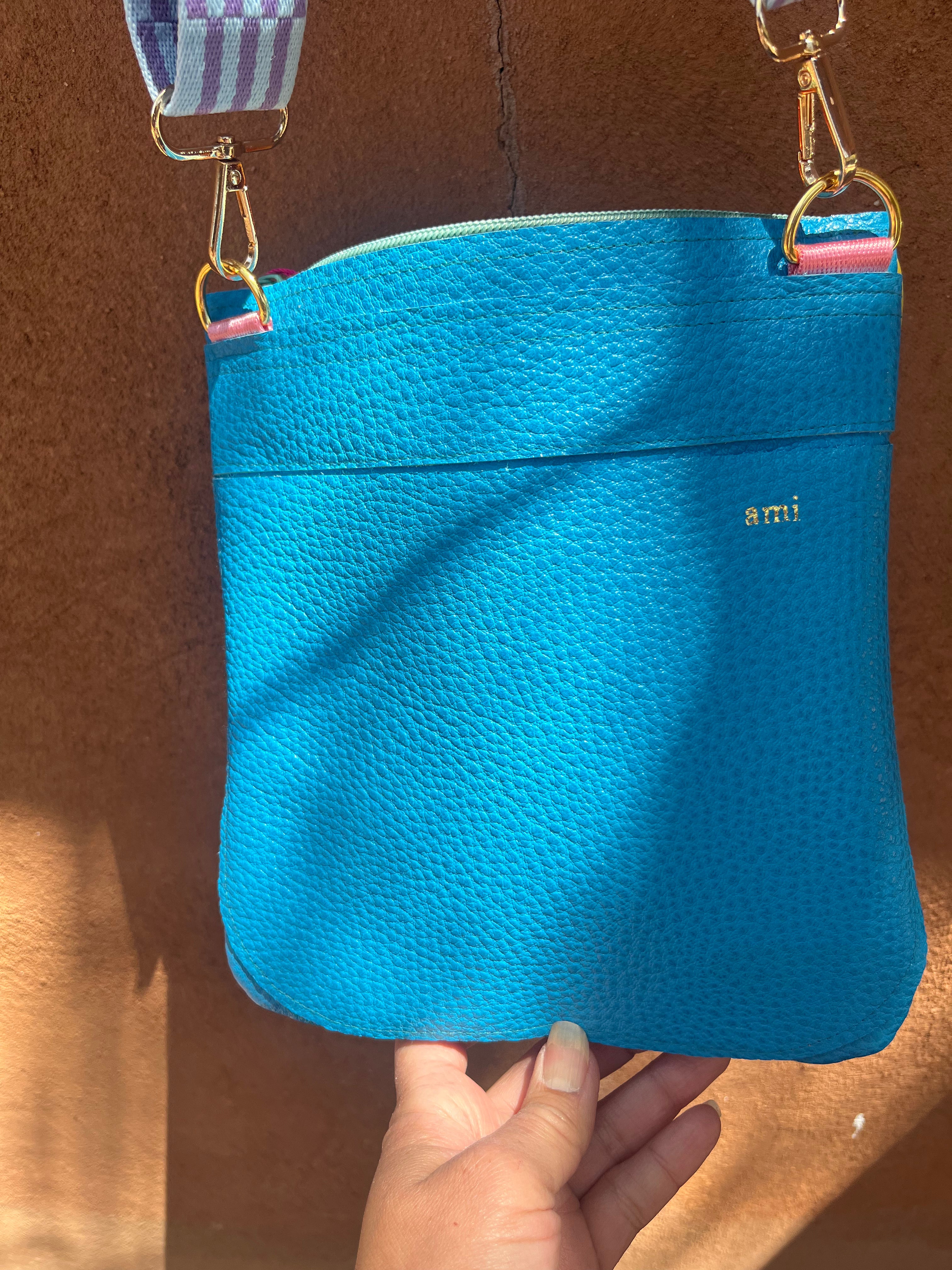 Crossbody Bag ~ lime and grey leather ~ double zip