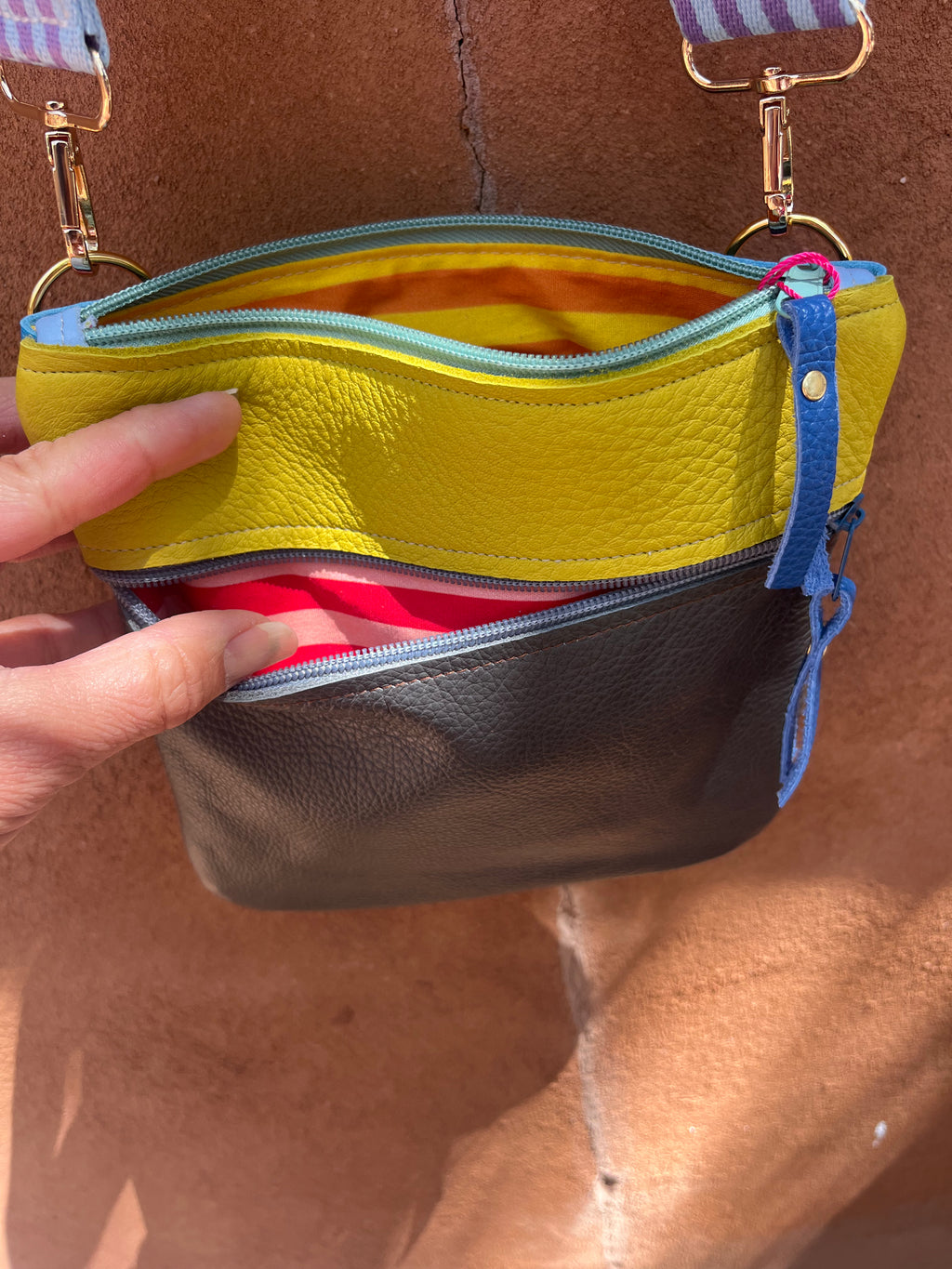 Crossbody Bag ~ lime and grey leather ~ double zip