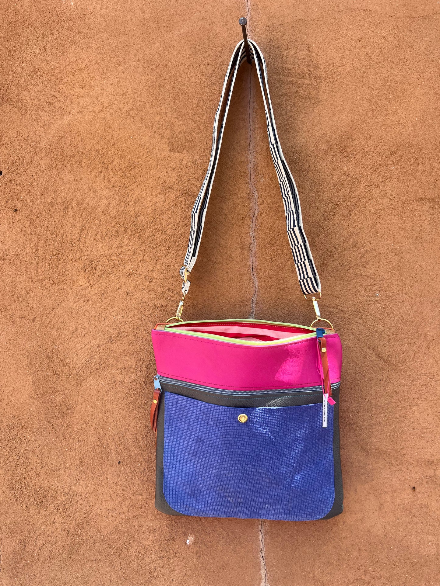 Crossbody Bag ~ Fuchsia, grey, and purple leather ~ double zip