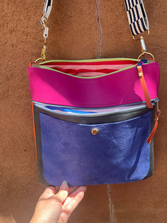 Crossbody Bag ~ Fuchsia, grey, and purple leather ~ double zip