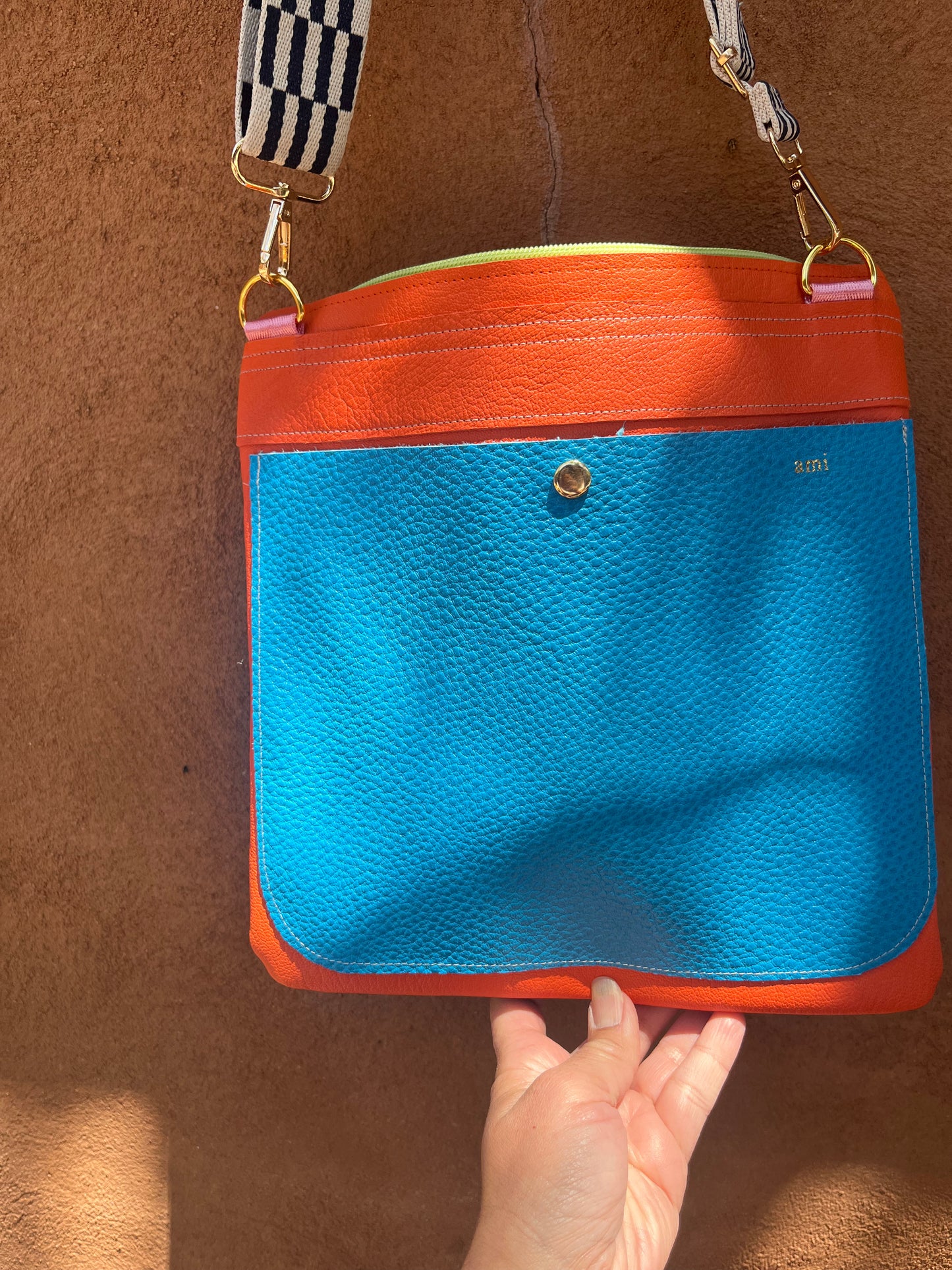 Crossbody Bag ~ Fuchsia, grey, and purple leather ~ double zip