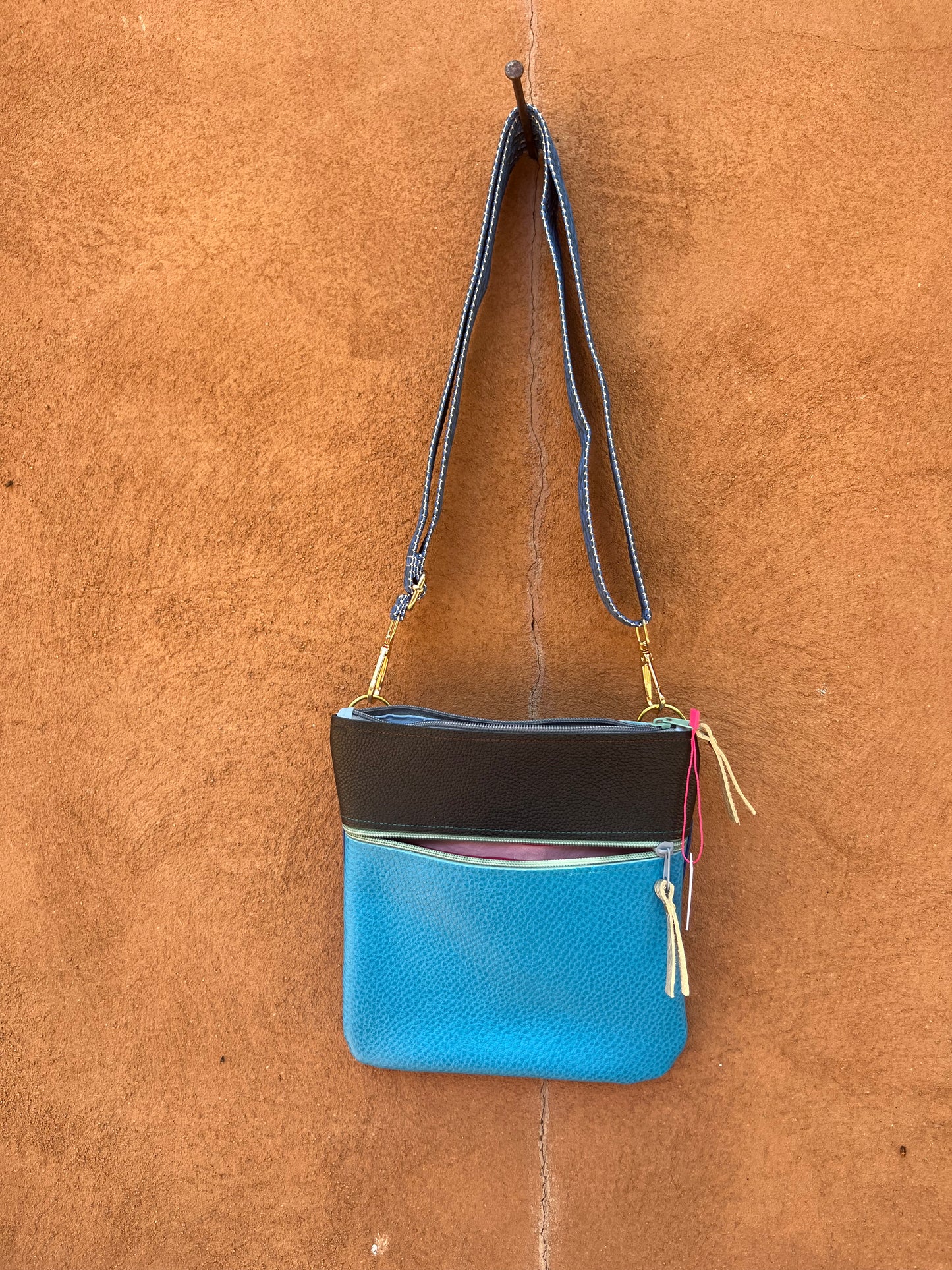 Crossbody Bag ~ black and turquoise leather ~ double zip