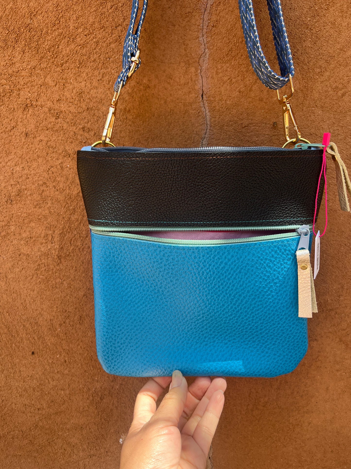 Crossbody Bag ~ black and turquoise leather ~ double zip