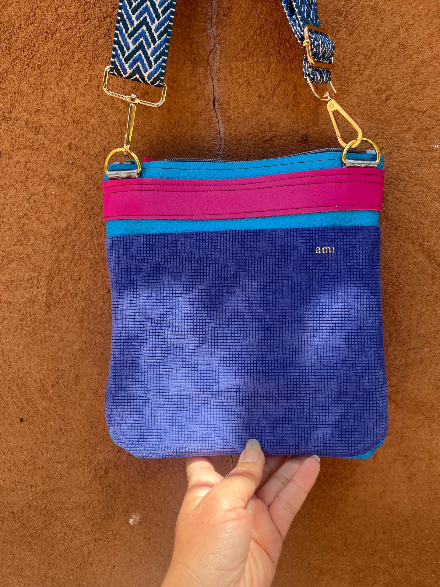 Crossbody Bag ~ black and turquoise leather ~ double zip