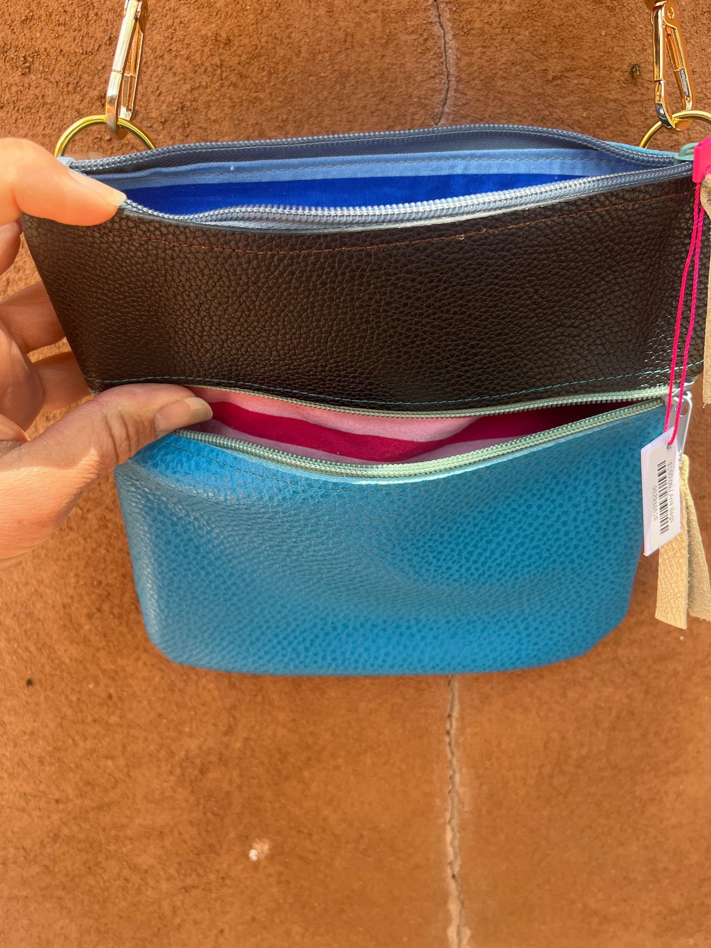 Crossbody Bag ~ black and turquoise leather ~ double zip