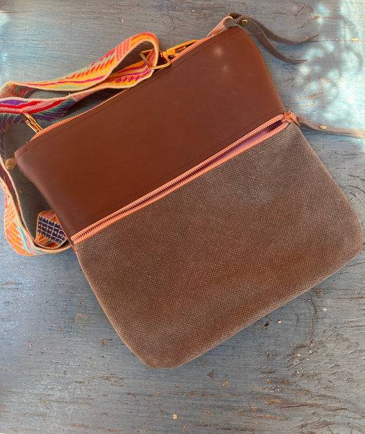 Crossbody Bag ~ pewter and dark brown leather ~ double zip