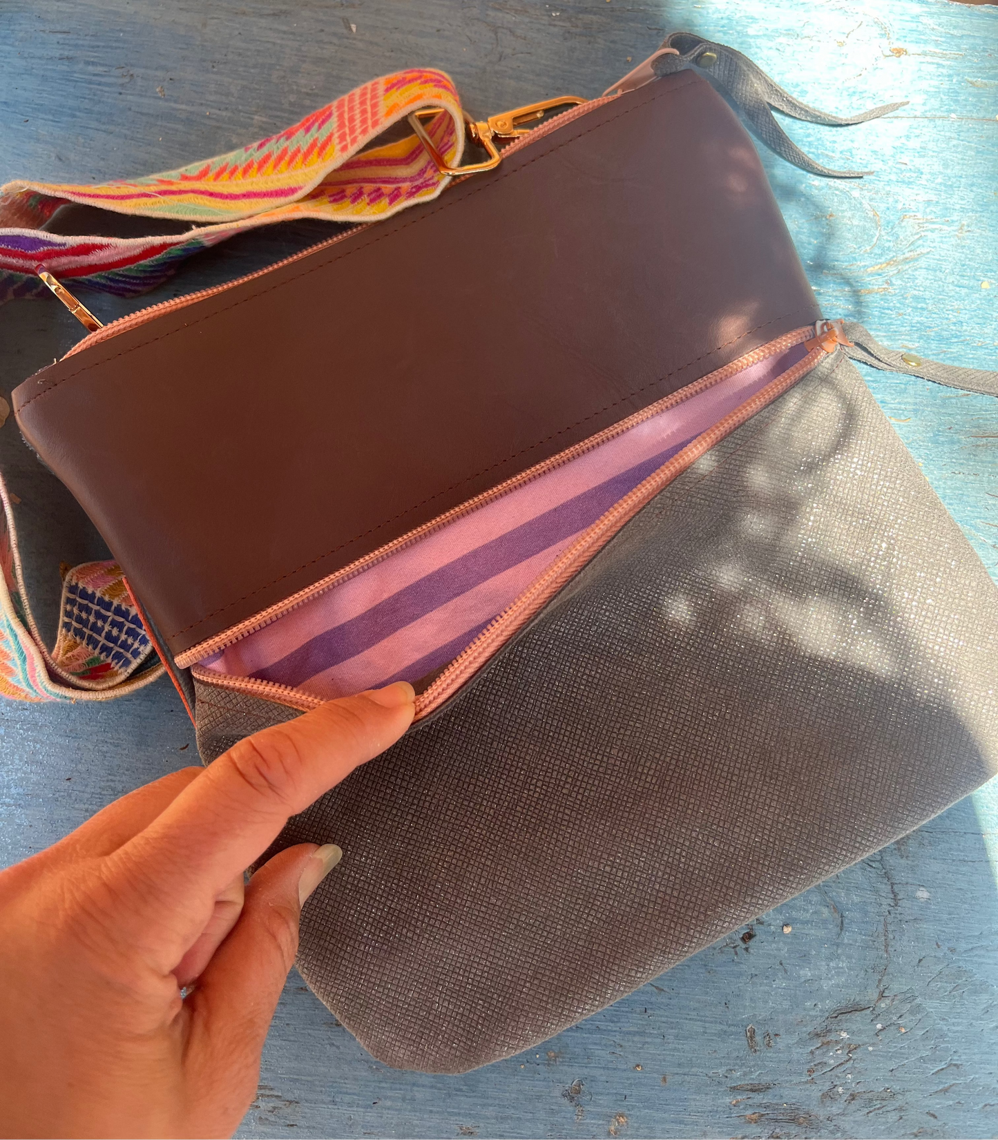 Crossbody Bag ~ pewter and dark brown leather ~ double zip