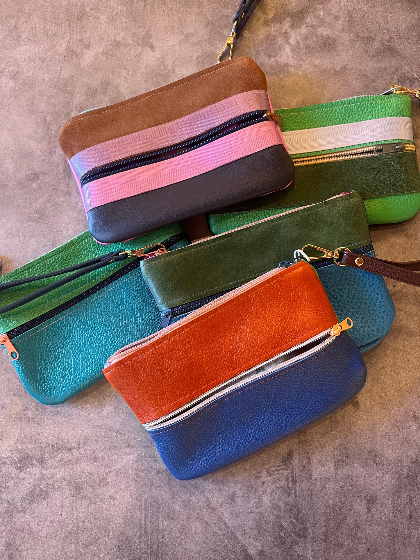 Leather wristlet double zip - color block