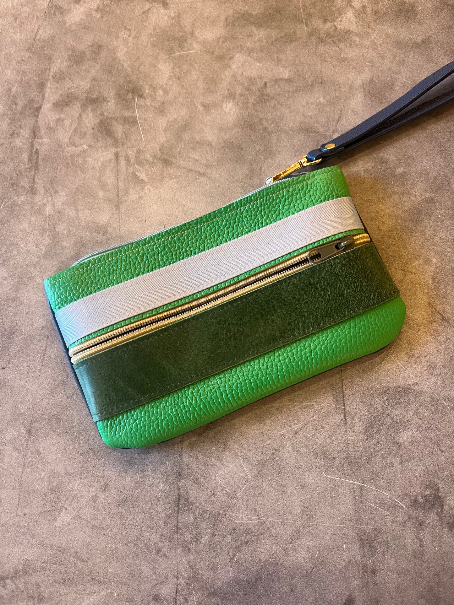 Leather wristlet double zip - color block