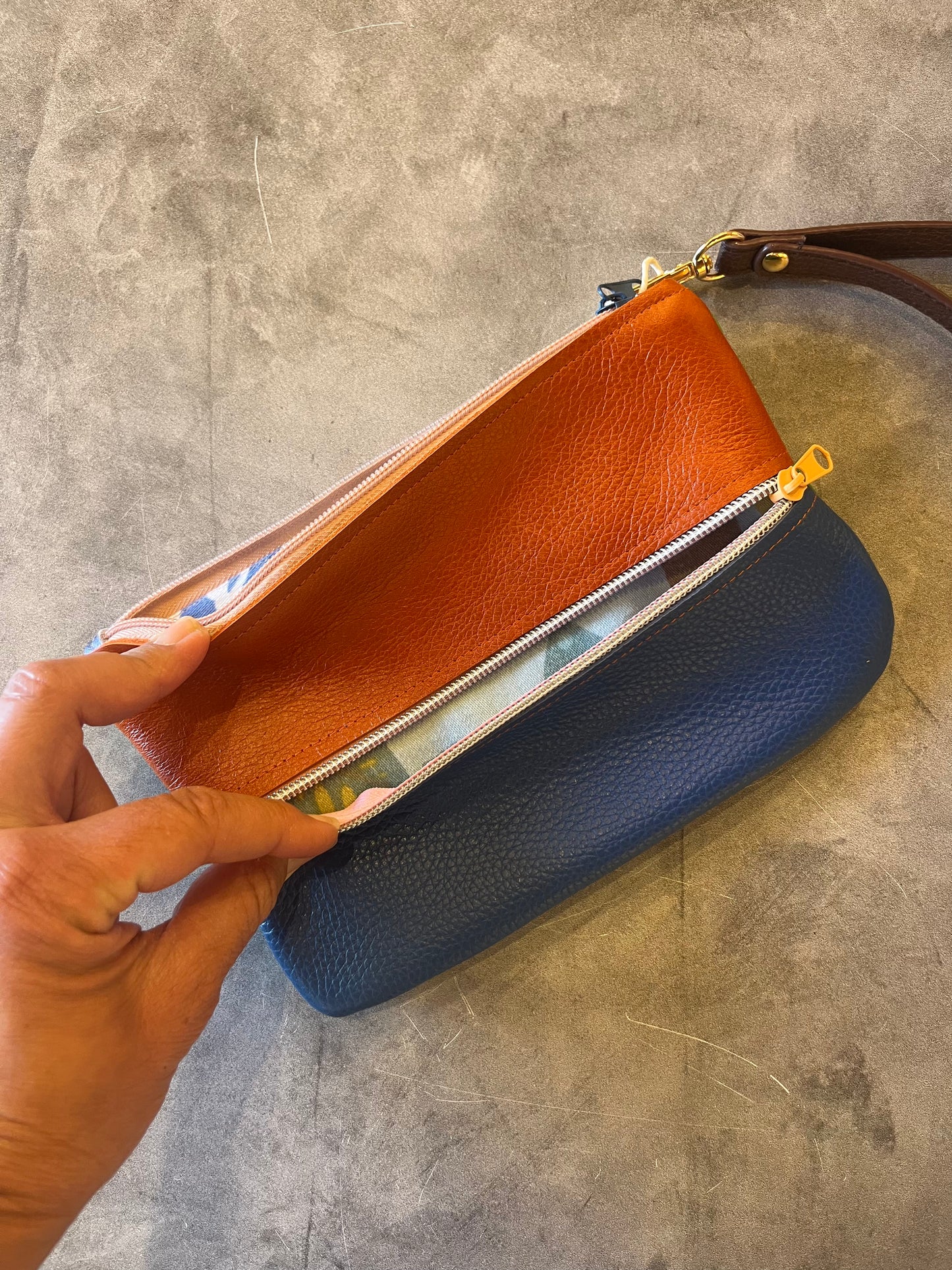 Leather wristlet double zip - color block