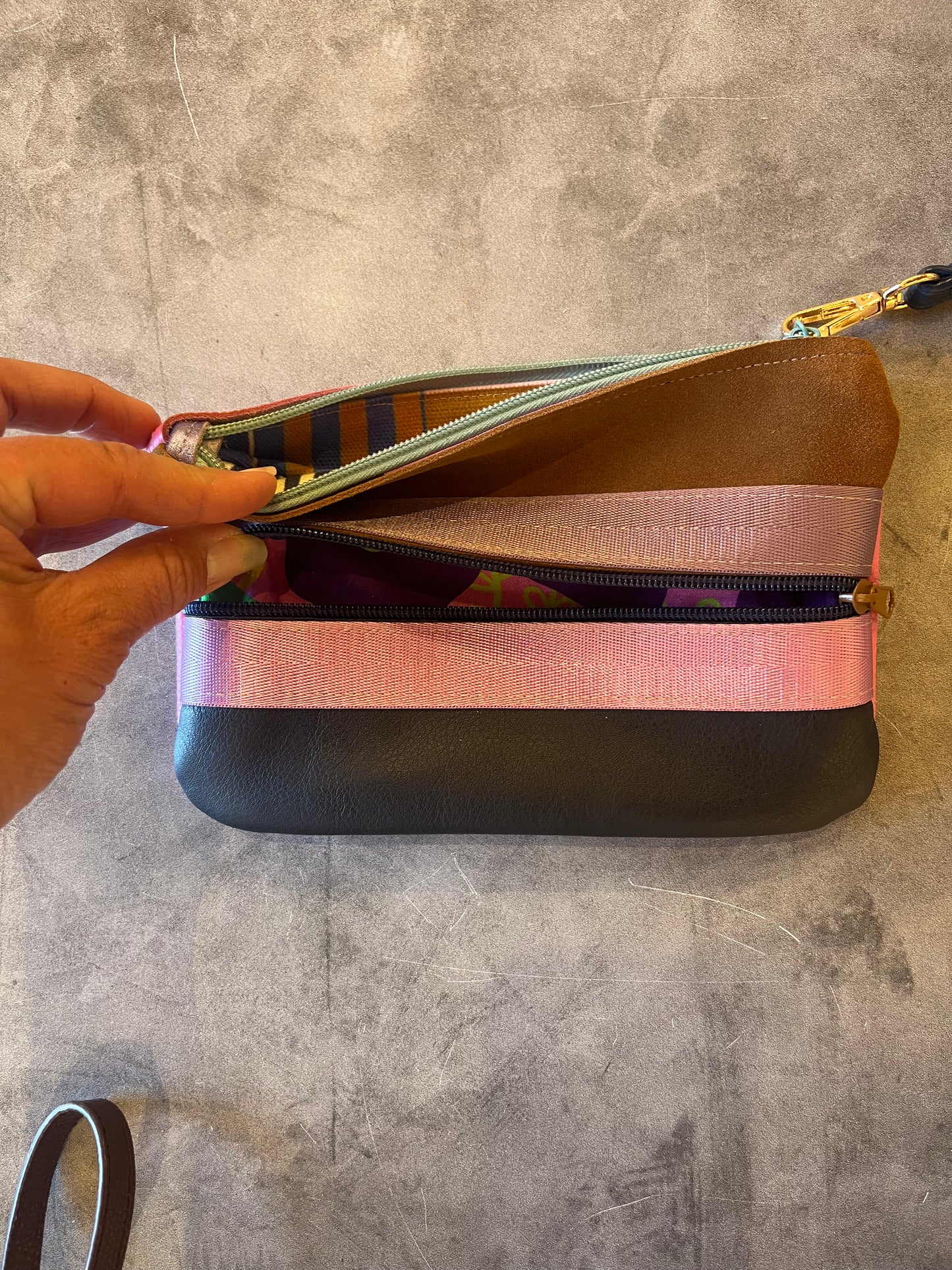 Leather wristlet double zip - color block