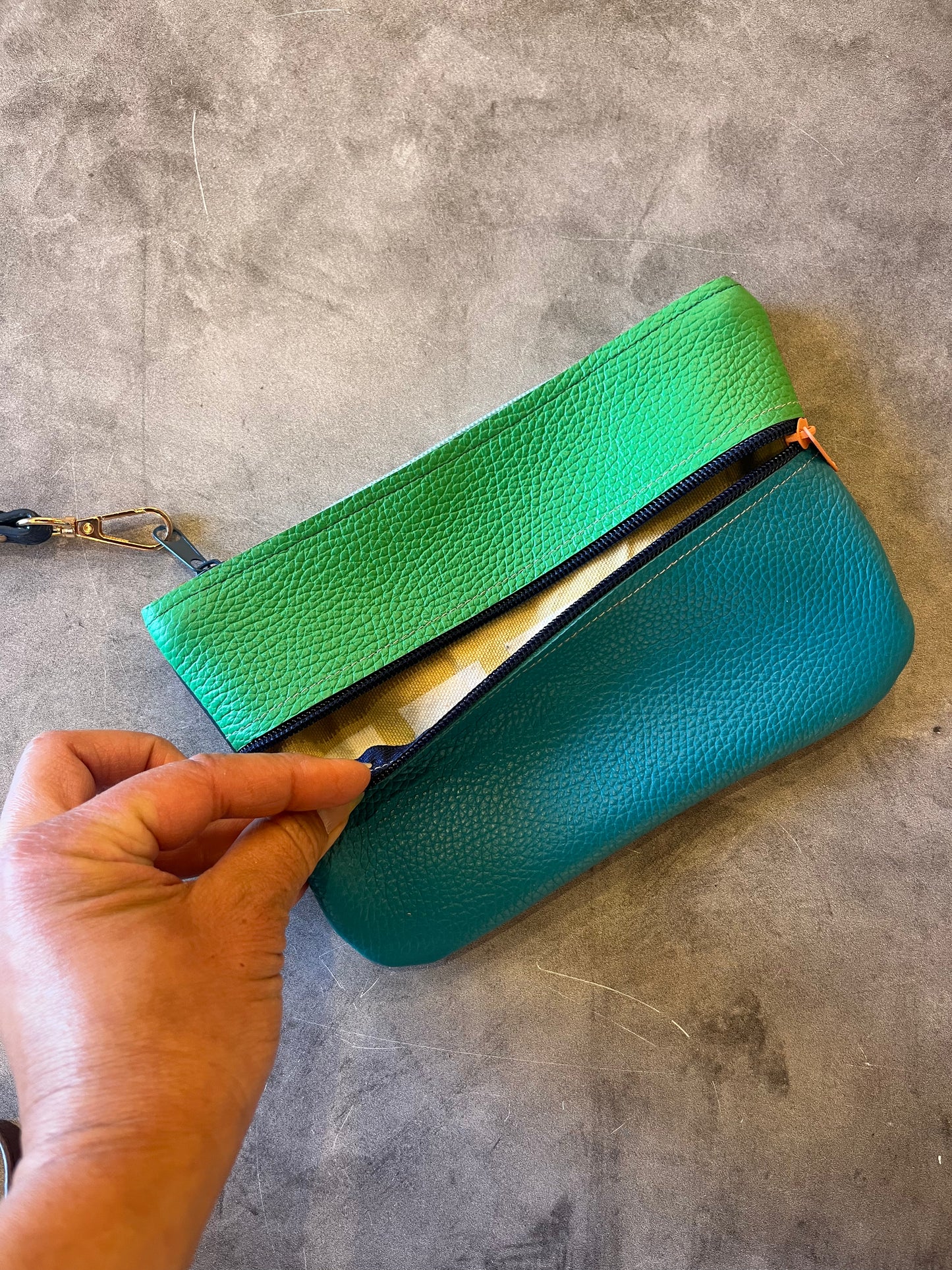 Leather wristlet double zip - color block