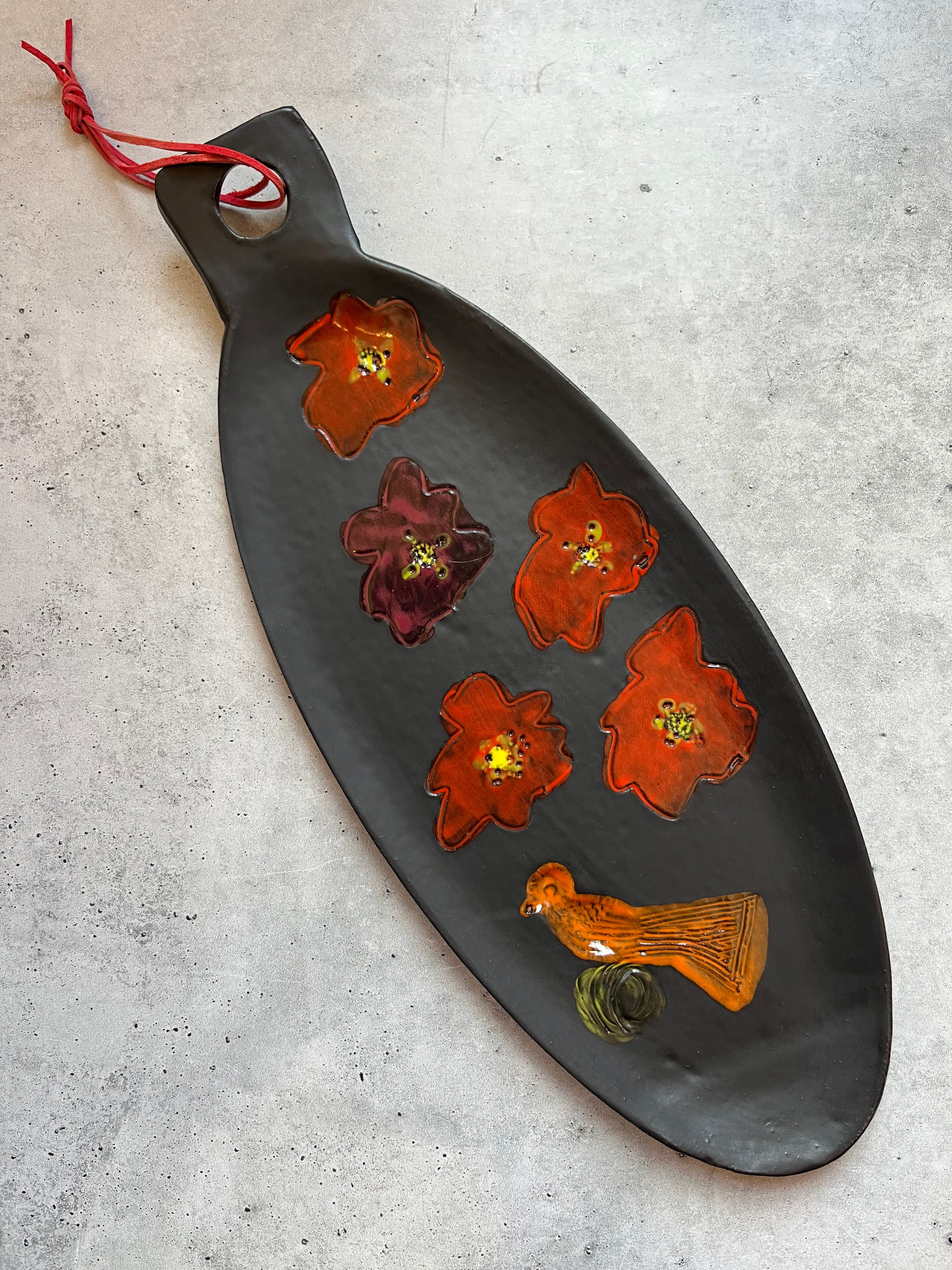 Large Oval Platter - Black with red flowers