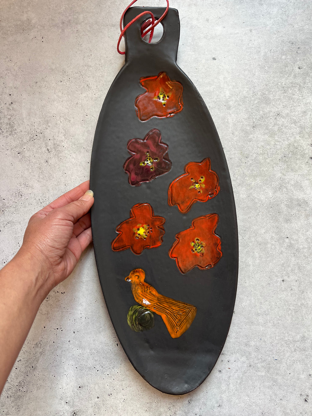 Large Oval Platter - Black with red flowers