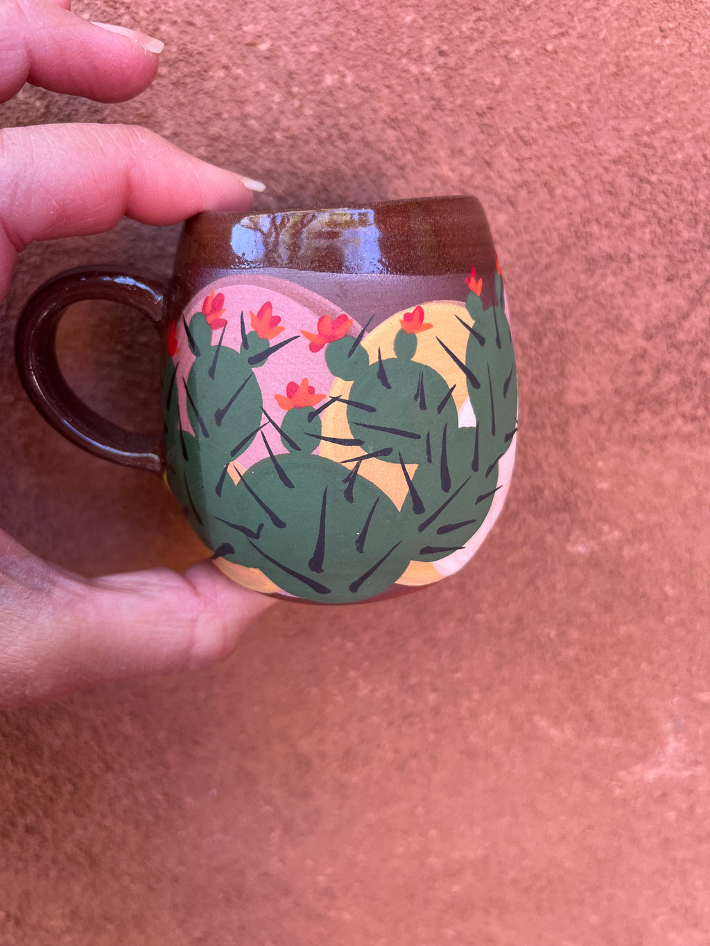 Stoneware espresso mugs ~ hand painted Prickly pear ~ 2 colors