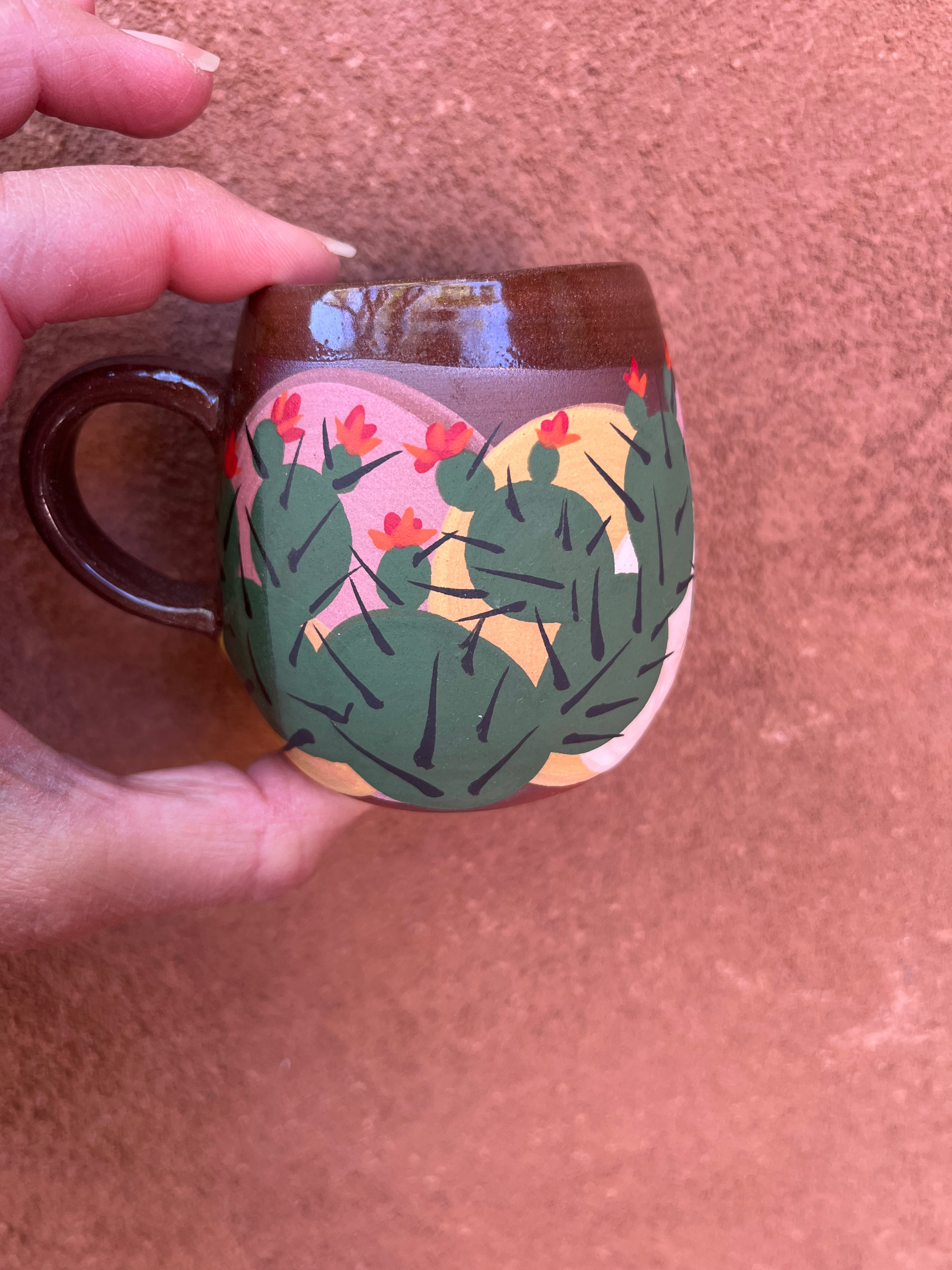 Stoneware espresso mugs ~ hand painted Prickly pear ~ 2 colors