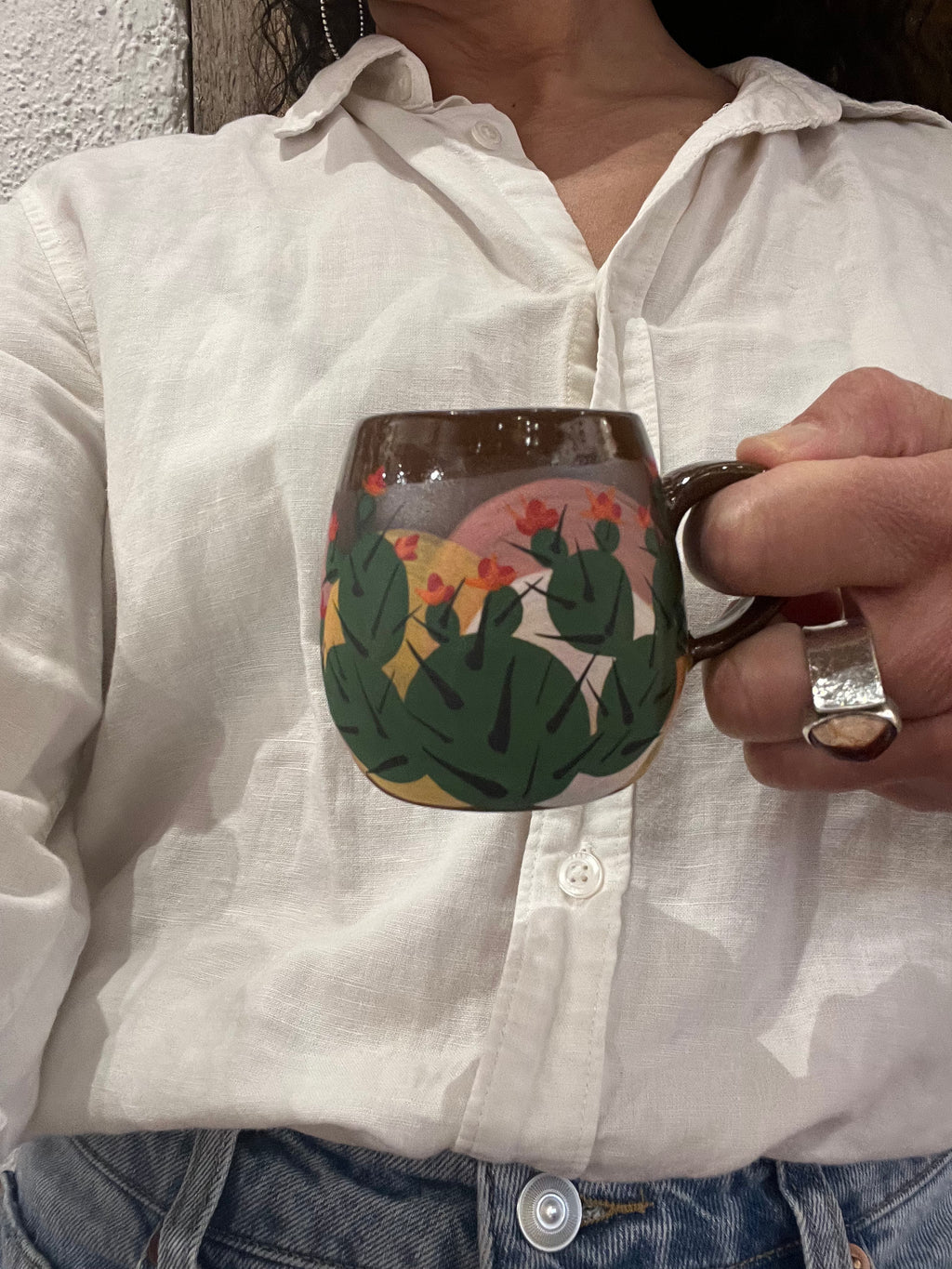 Stoneware espresso mugs ~ hand painted Prickly pear ~ 2 colors
