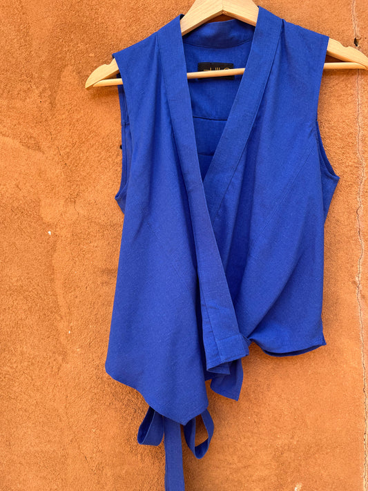 Front tie top - Linen - blue