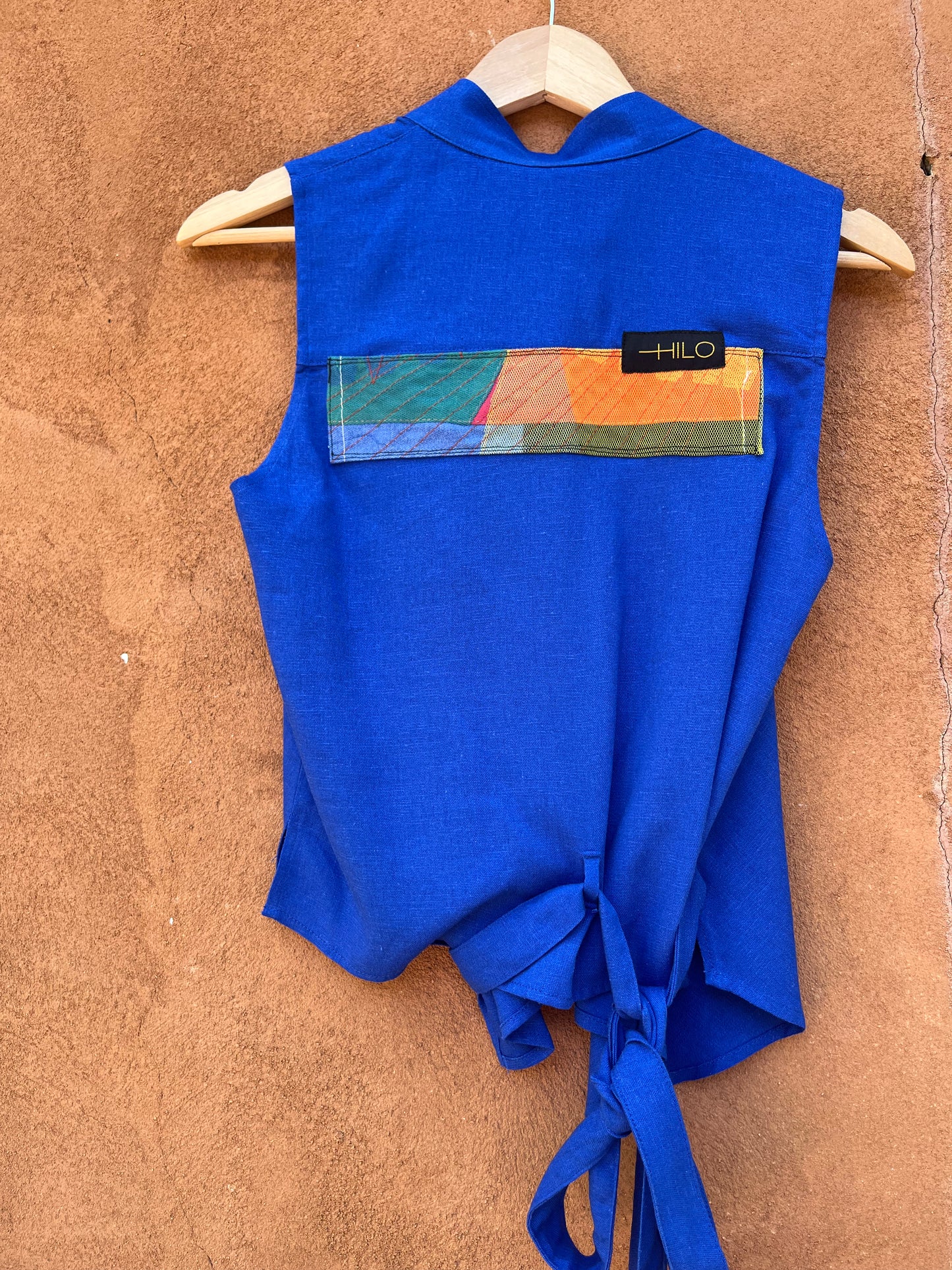 Front tie top - Linen - blue
