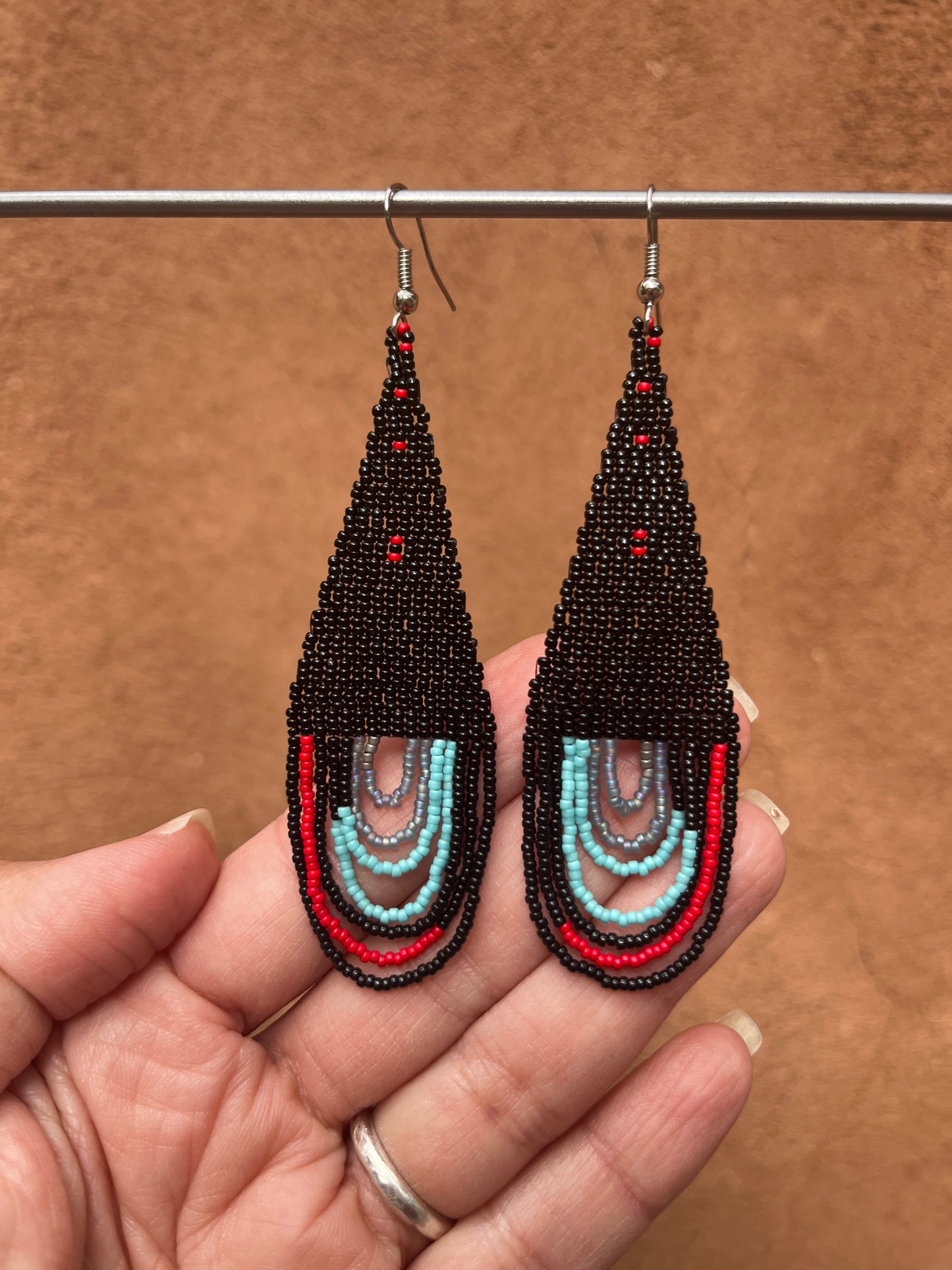 Beaded Fringe Earrings ~ black, red and turquoise