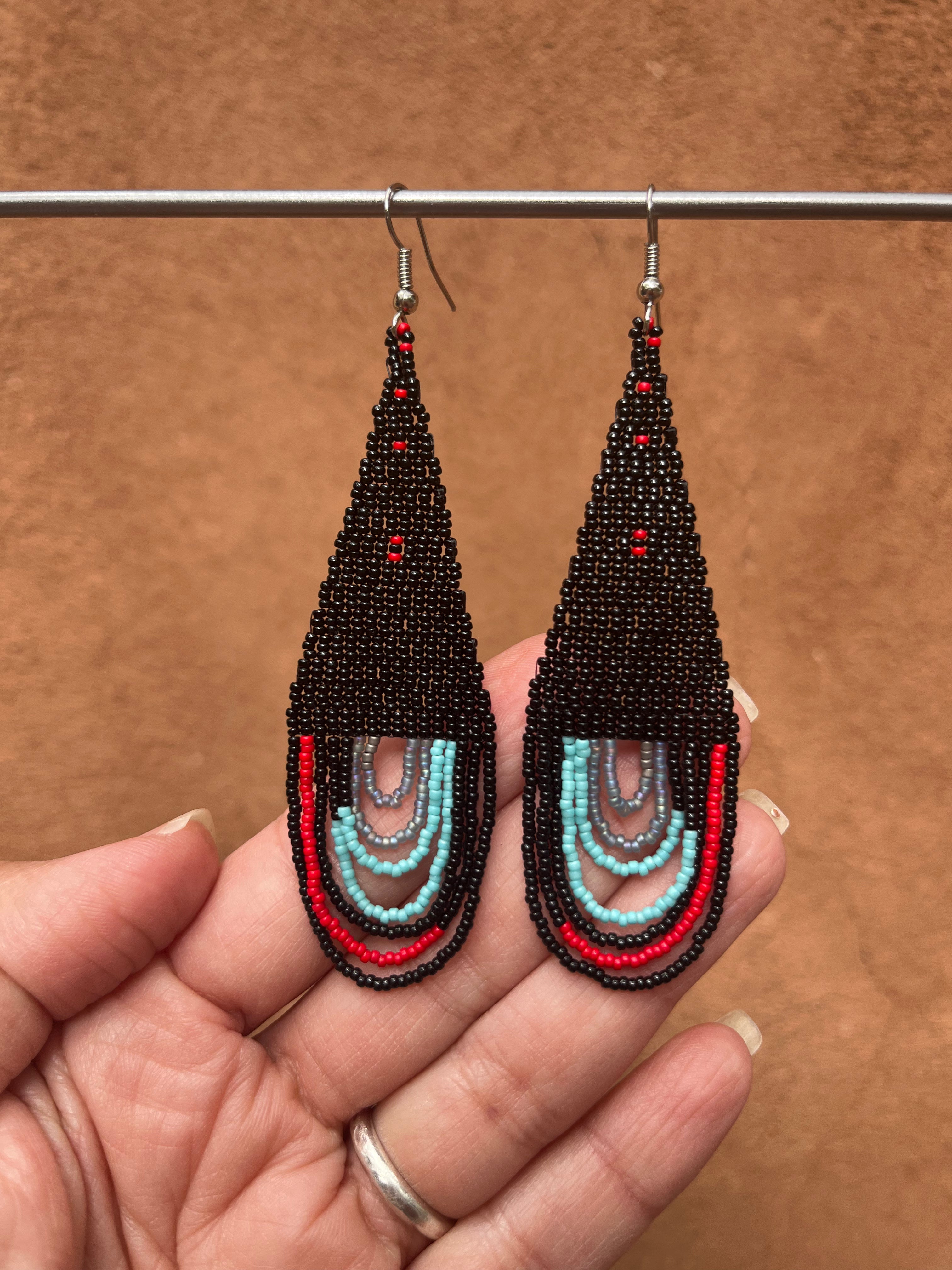Beaded Fringe Earrings ~ black, red and turquoise