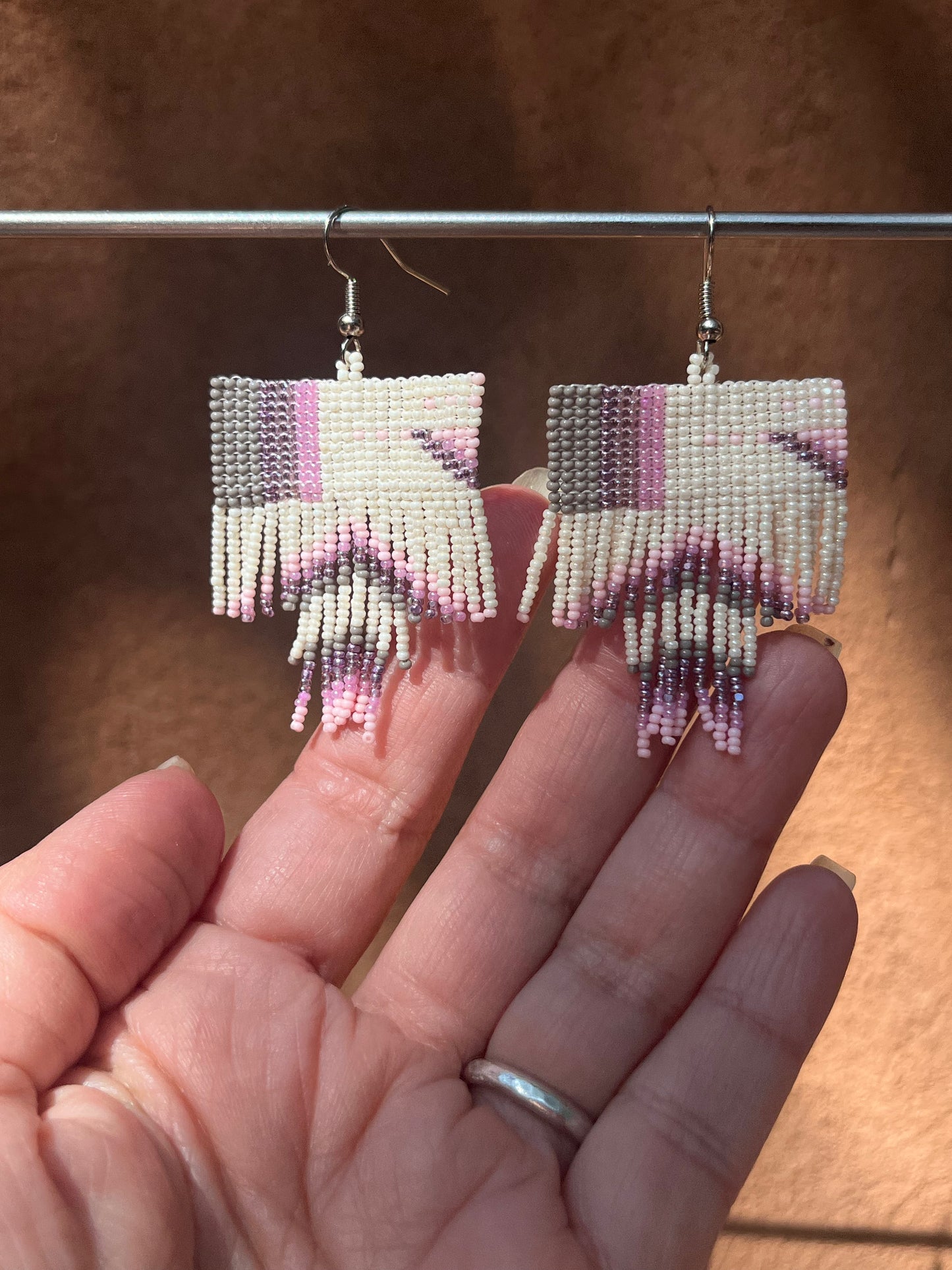 Beaded Fringe Earrings ~ White, pink and grey