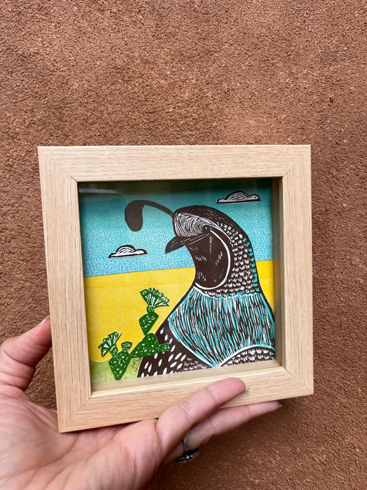 Shadow box ~ quail ~ blue and yellow