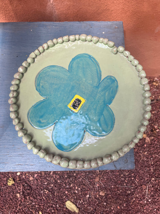 Cake Stand - Green with blue flower