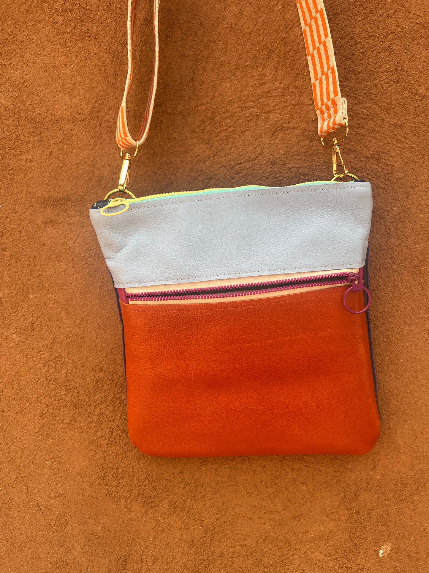 Crossbody Bag ~ Orange, blue  and purple leather ~ double zip