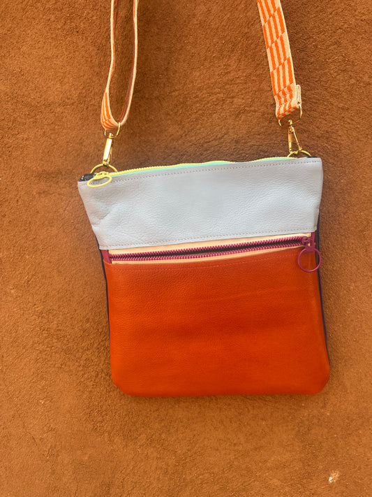 Crossbody Bag ~ Orange, blue  and purple leather ~ double zip