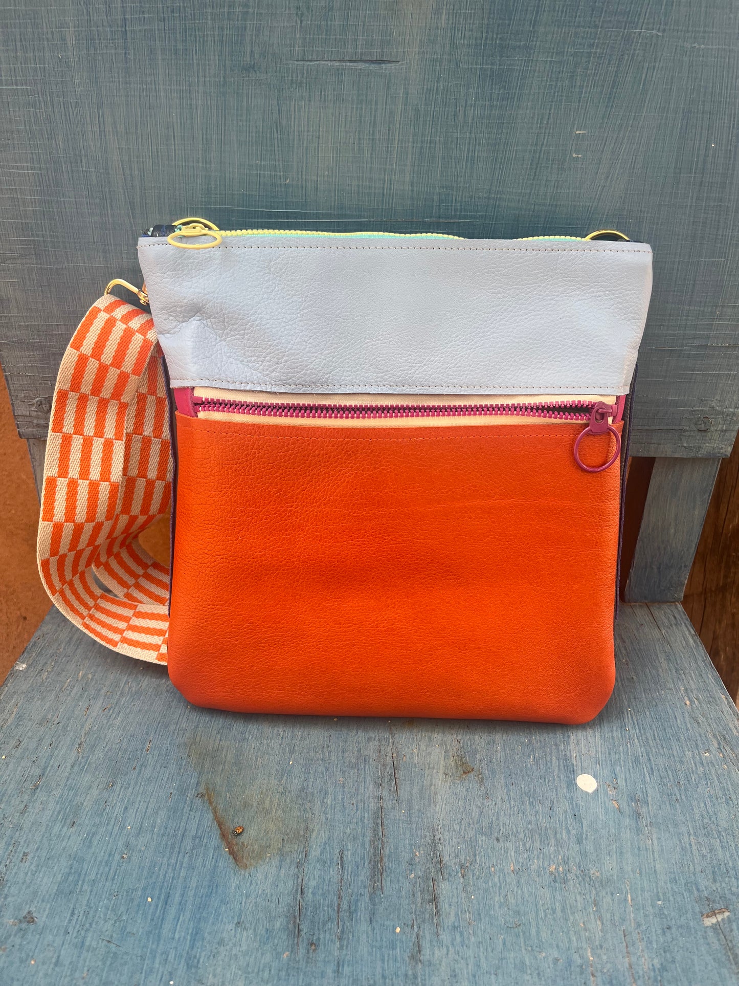 Crossbody Bag ~ Orange, blue  and purple leather ~ double zip