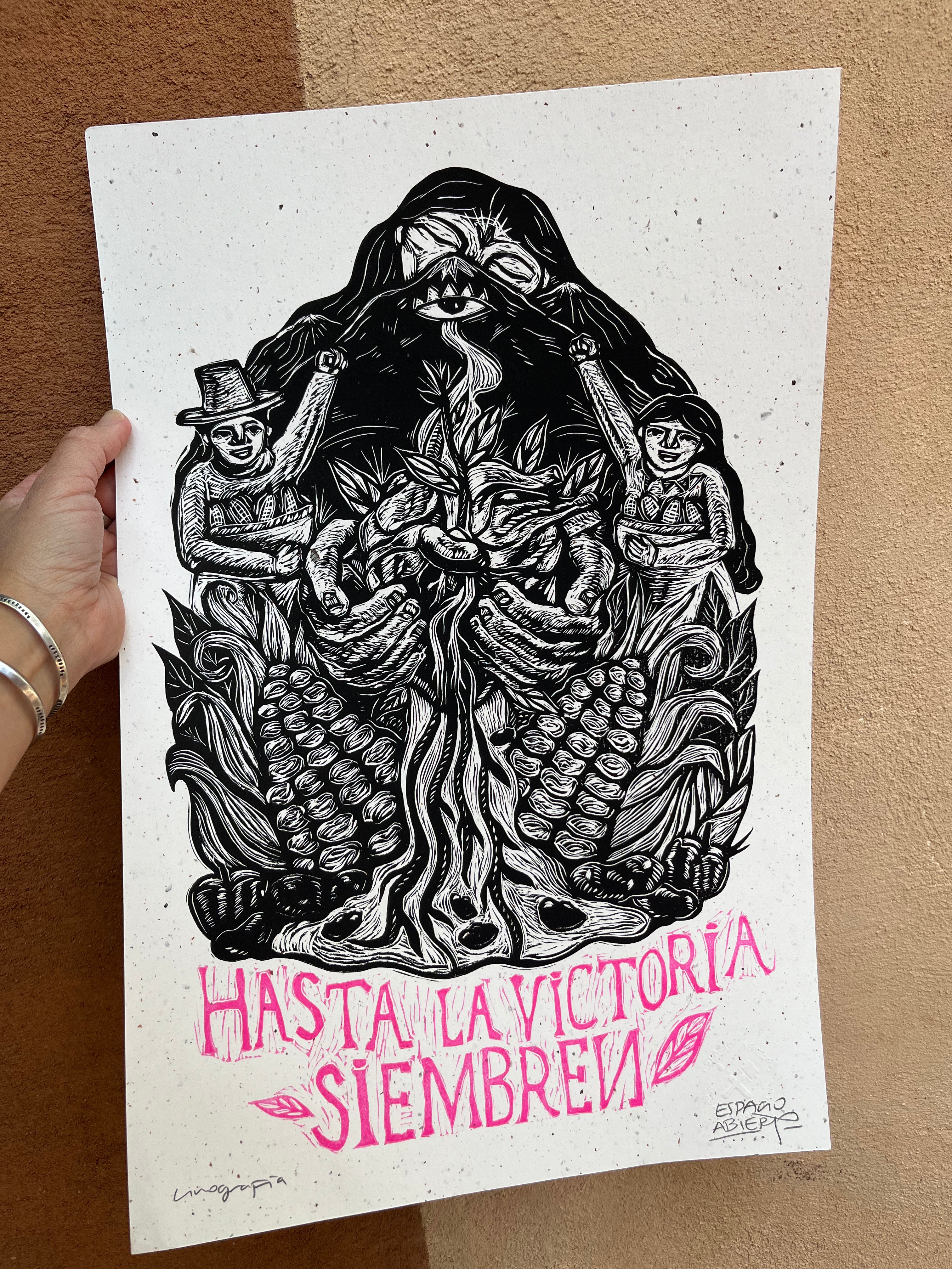 Hasta La Victoria Siembren - Linocut - 19 5/8” x 13”
