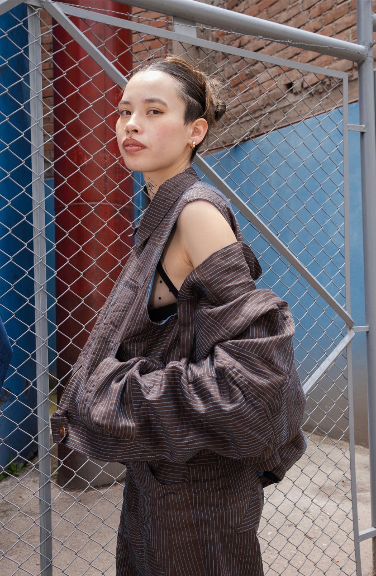 High Waisted Barrel Pants - Brown & turq stitch